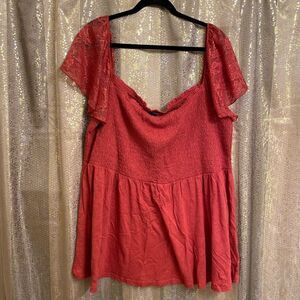 Torrid Smocked Lace Sleeve Babydoll Tank Blouse Cotton Burnt Orange Rust, 4X/26